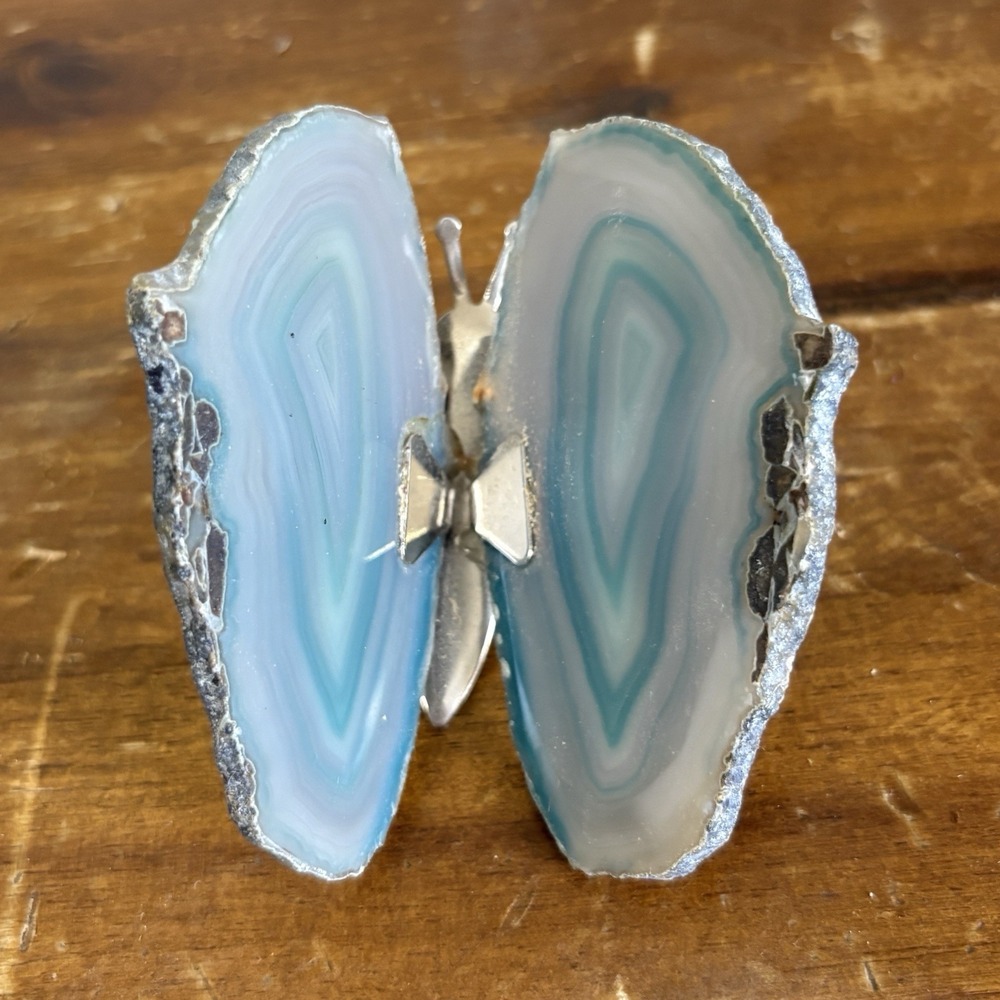 Decorative Banded Agate Butterfly Sculpture Art Blue Metal Fairy Whimsy Witchy